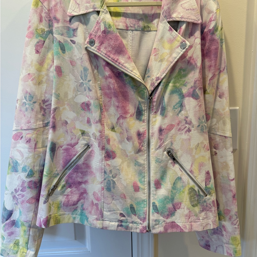 Pink And Green Leather Moto Jacket With Watercolor Design